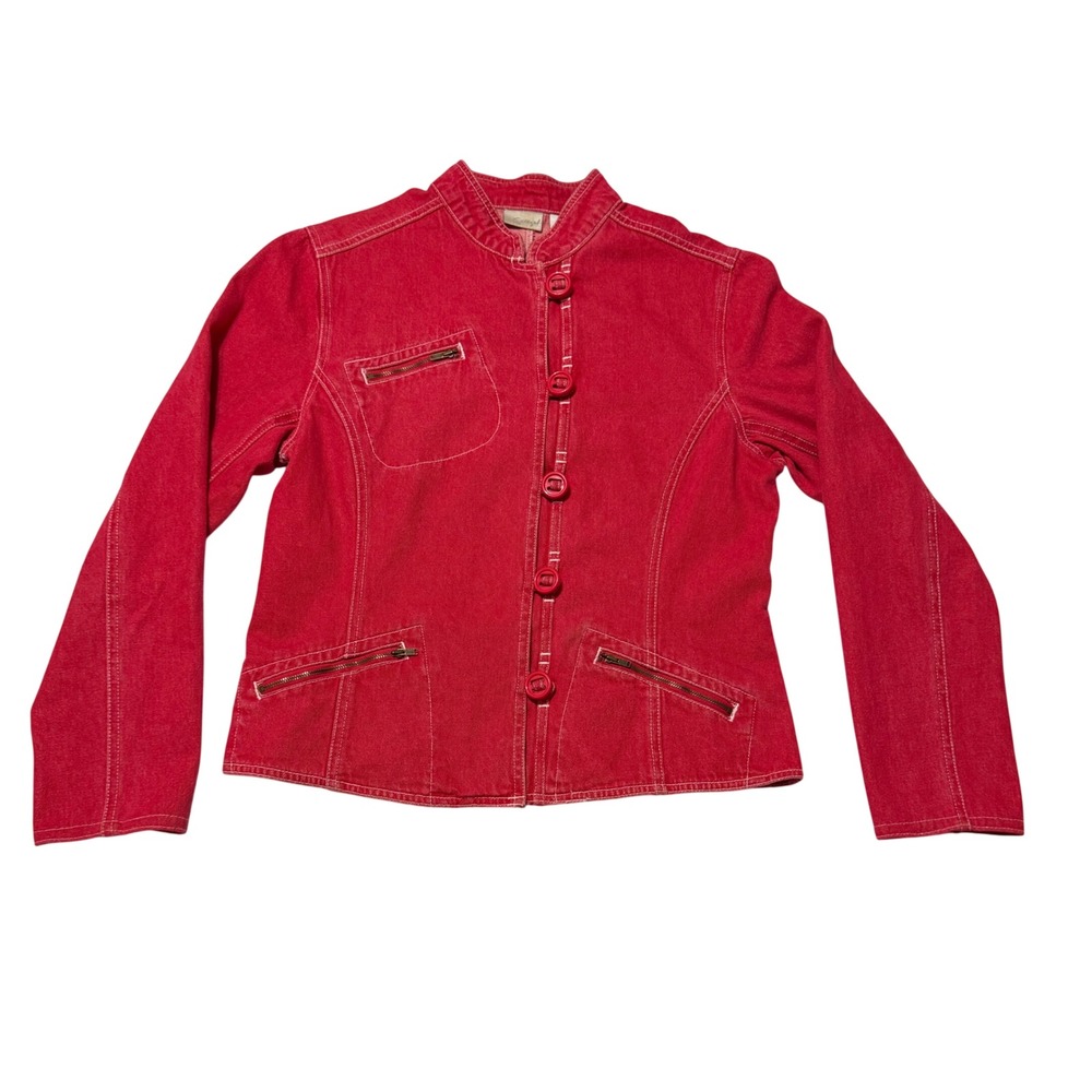 Spiegel Red Denim Jacket 10 Mandarin Collar Contrast Stitch Zipper Pockets VTG